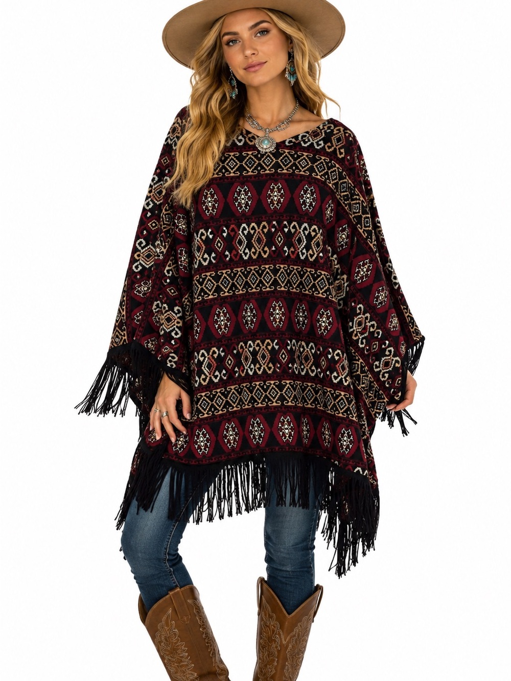 Double D Ranch Red and Black Poncho Knit Top with Tassels EUC
